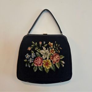 Vintage Black Floral Needlepoint Purse